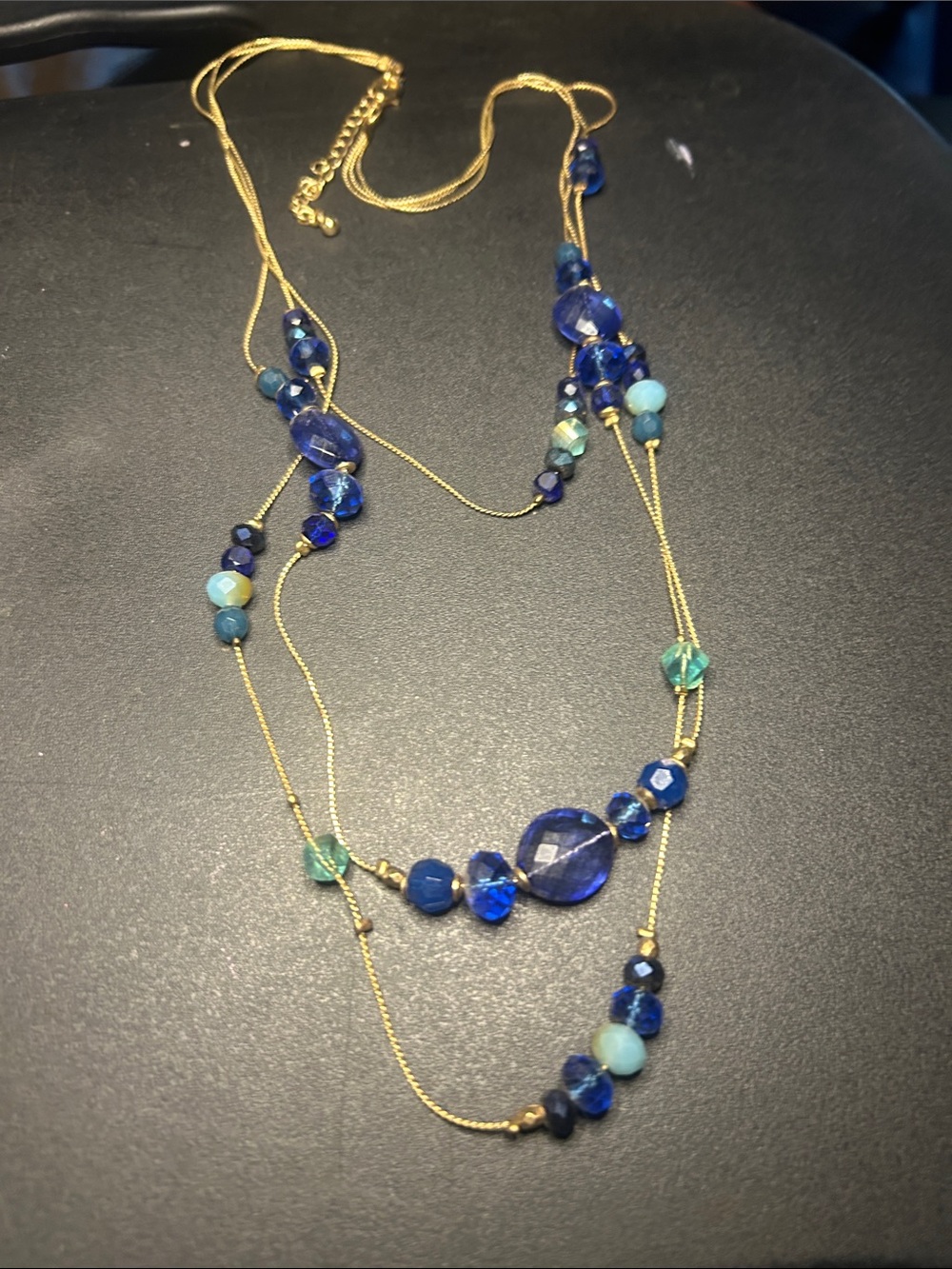 Gold Multi-Strand Blue Beaded Necklace